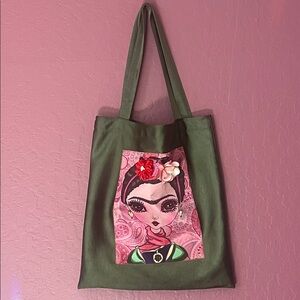 Satin Handmade Green Tote Bag with Artistic Print